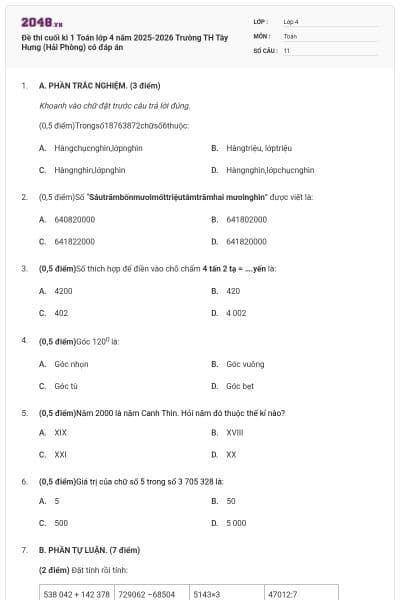 Đề thi cuối kì 1 Toán lớp 4 năm 2025-2026 Trường TH Tây Hưng (Hải Phòng) có đáp án