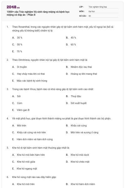 1000+ câu Trắc nghiệm Vệ sinh răng miệng và bệnh học miệng có đáp án - Phần 8