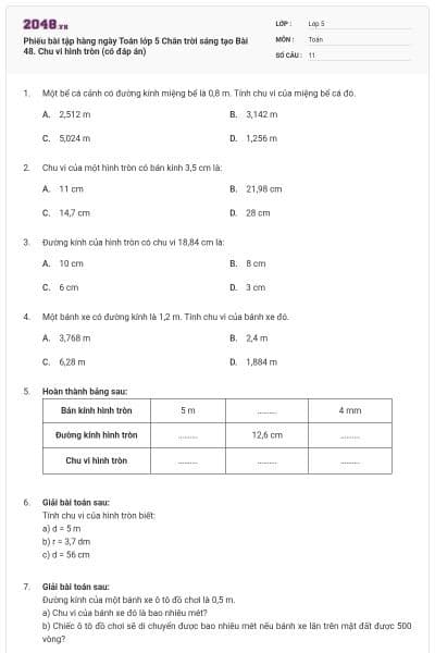 Phiếu bài tập hàng ngày Toán lớp 5 Chân trời sáng tạo Bài 48. Chu vi hình tròn (có đáp án)