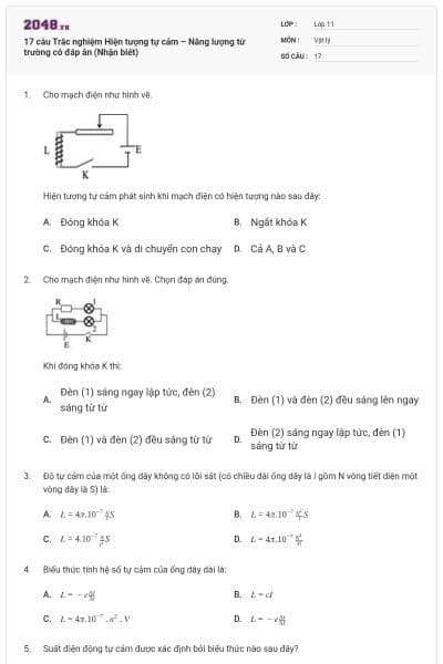 17 câu Trắc nghiệm Hiện tượng tự cảm – Năng lượng từ trường có đáp án (Nhận biết)