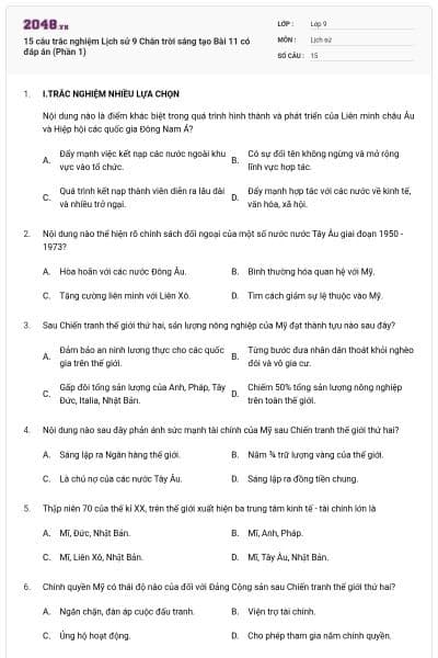 15 câu trắc nghiệm Lịch sử 9 Chân trời sáng tạo Bài 11 có đáp án (Phần 1)