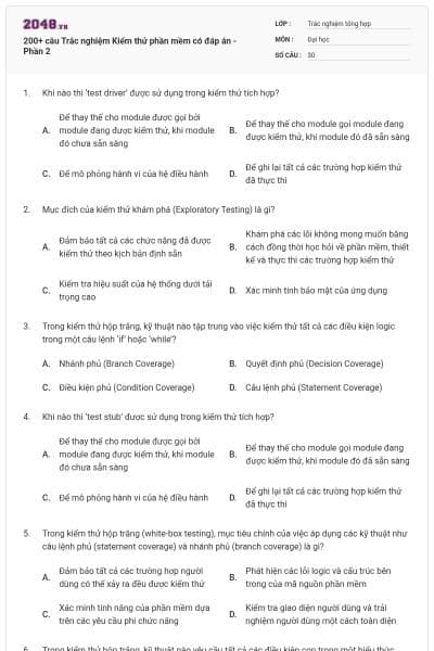 200+ câu Trắc nghiệm Kiểm thử phần mềm có đáp án - Phần 2