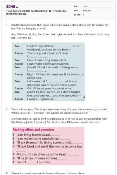Tiếng Anh lớp 6 Unit 8: Speaking trang 102 - Friends plus (Chân trời sáng tạo)