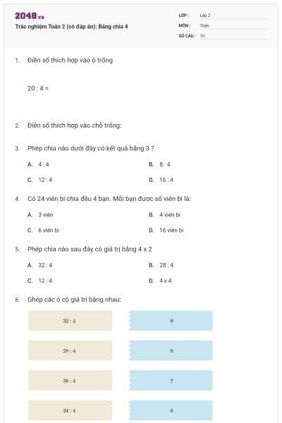 Trắc nghiệm Toán 2 (có đáp án): Bảng chia 4