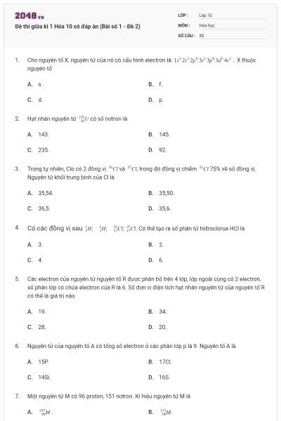 Đề thi giữa kì 1 Hóa 10 có đáp án (Bài số 1 - Đề 2)