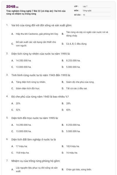 Trắc nghiệm Công nghệ 7 Bài 22 (có đáp án): Vai trò của rừng và nhiệm vụ trồng rừng