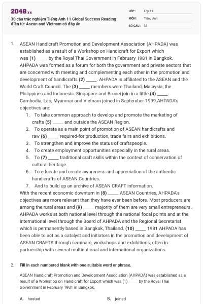 30 câu trắc nghiệm Tiếng Anh 11 Global Success Reading điền từ: Asean and Vietnam có đáp án