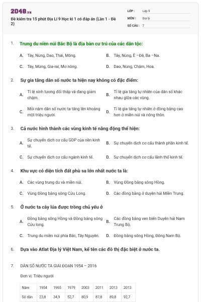 Đề kiểm tra 15 phút Địa Lí 9 Học kì 1 có đáp án (Lần 1 - Đề 2)
