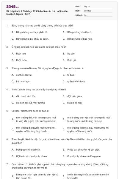 Đề thi giữa kì 2 Sinh học 12 Cánh diều cấu trúc mới (có tự luận) có đáp án - Đề 2