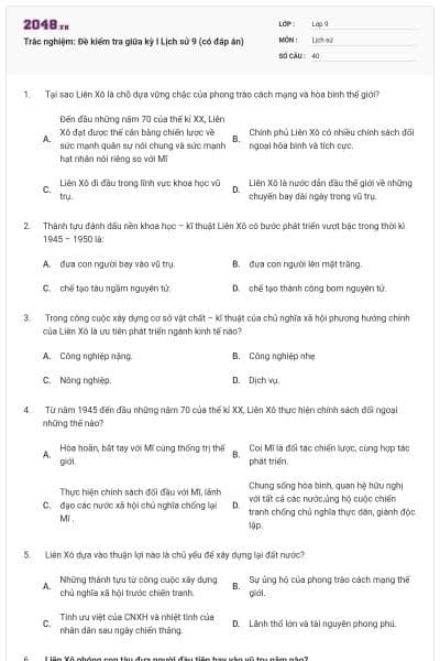 Trắc nghiệm: Đề kiểm tra giữa kỳ I Lịch sử 9 (có đáp án)