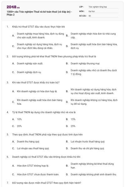 1000+ câu Trắc nghiệm Thuế và kế toán thuế (có đáp án) - Phần 2