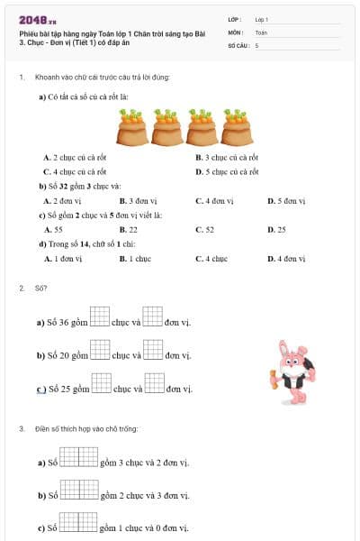 Phiếu bài tập hàng ngày Toán lớp 1 Chân trời sáng tạo Bài 3. Chục - Đơn vị (Tiết 1) có đáp án