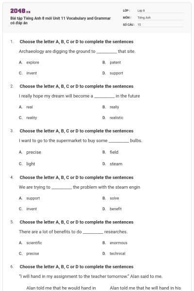 Bài tập Tiếng Anh 8 mới Unit 11 Vocabulary and Grammar có đáp án