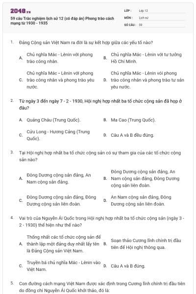 59 câu Trắc nghiệm lịch sử 12 (có đáp án) Phong trào cách mạng từ 1930 - 1935