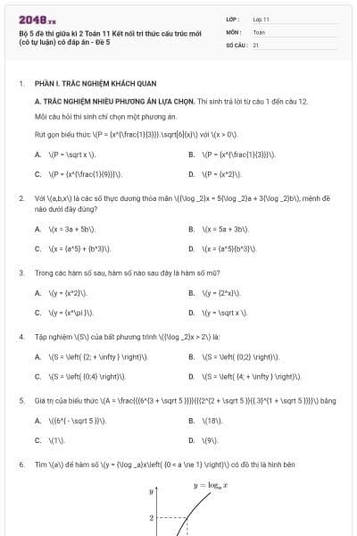 Bộ 5 đề thi giữa kì 2 Toán 11 Kết nối tri thức cấu trúc mới (có tự luận) có đáp án - Đề 5