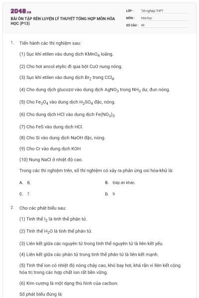 BÀI ÔN TẬP RÈN LUYỆN LÝ THUYẾT TỔNG HỢP MÔN HÓA HỌC (P13)