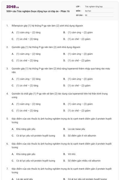 500+ câu Trắc nghiệm Dược động học có đáp án - Phần 16