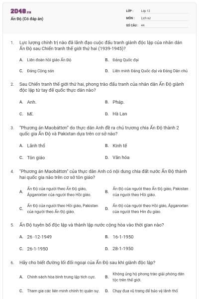 Ấn Độ (Có đáp án)