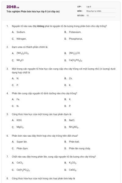 Trắc nghiệm Phân bón hóa học lớp 8 (có đáp án)