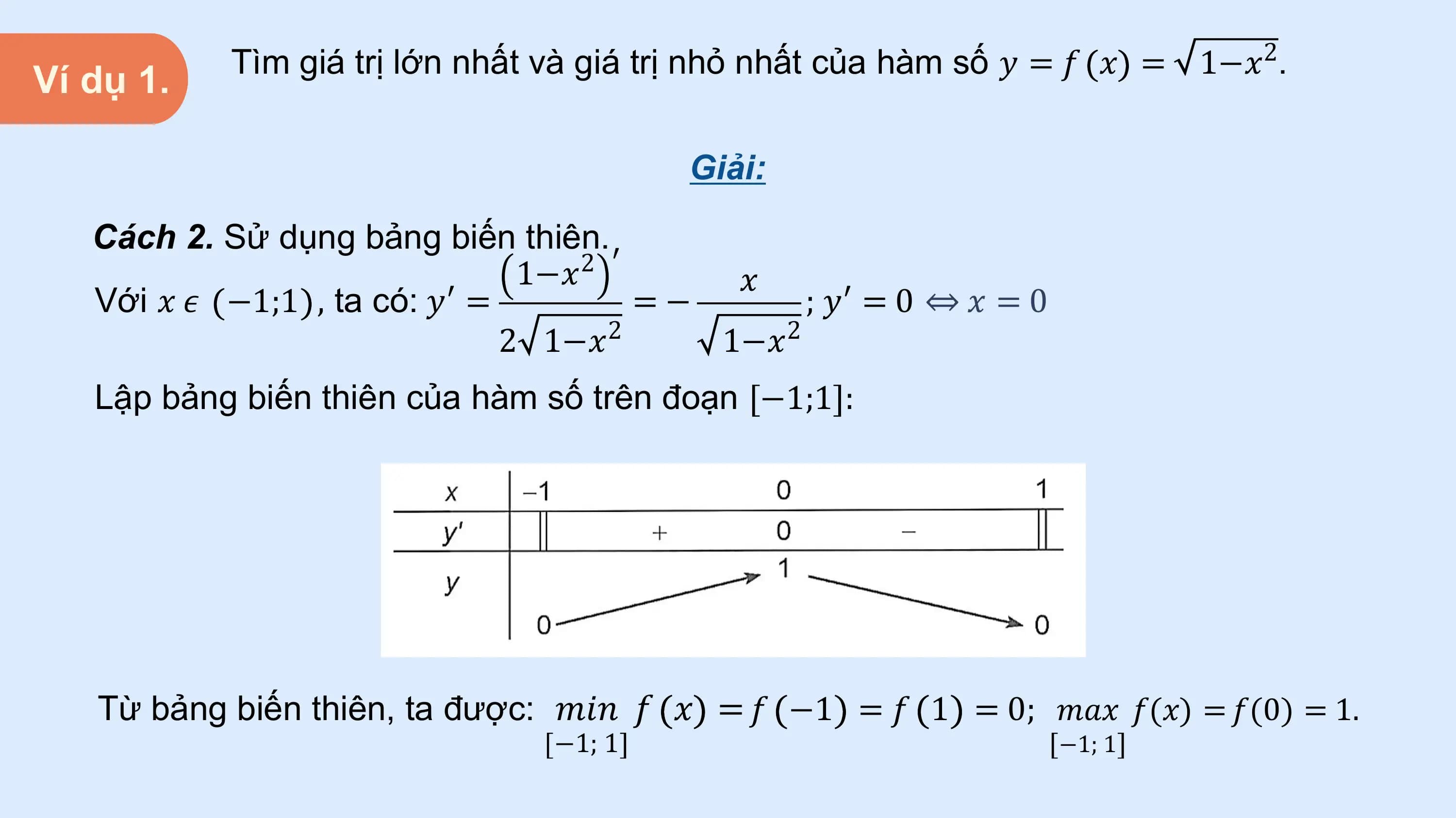Tìm giá trị lớn nhất và giá trị nhỏ nhất của hàm số 𝑦 = 𝑓 𝑥 = 1−𝑥2.
Ví dụ 1.

 Giải:

 Cách 2. Sử dụng bảng biến thiên.
 1−𝑥2 ′ 𝑥
 Với 𝑥 𝜖 −1;1 , ta có: 𝑦′ = =− ; 𝑦′ = 0 ⇔ 𝑥 = 0
 2 1−𝑥 2 1−𝑥 2

 Lập bảng biến thiên của hàm số trên đoạn [−1;1]:

 Từ bảng biến thiên, ta được: 𝑚𝑖𝑛 𝑓 𝑥 = 𝑓 −1 = 𝑓 1 = 0; 𝑚𝑎𝑥 𝑓(𝑥) = 𝑓(0) = 1.
 −1; 1 −1; 1