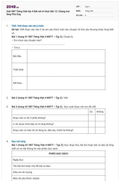 Giải VBT Tiếng Việt lớp 4 Kết nối tri thức Bài 12: Chàng trai làng Phù Ủng