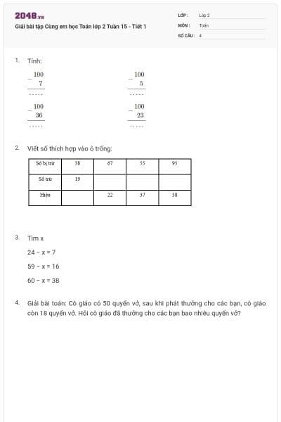 Giải bài tập Cùng em học Toán lớp 2 Tuần 15 - Tiết 1