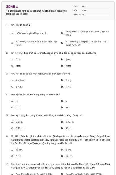 10 Bài tập Xác định các đại lượng đặc trưng của dao động điều hoà (có lời giải)