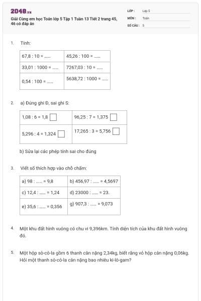 Giải Cùng em học Toán lớp 5 Tập 1 Tuần 13 Tiết 2 trang 45, 46 có đáp án