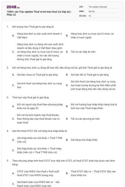 1000+ câu Trắc nghiệm Thuế và kế toán thuế (có đáp án) - Phần 22