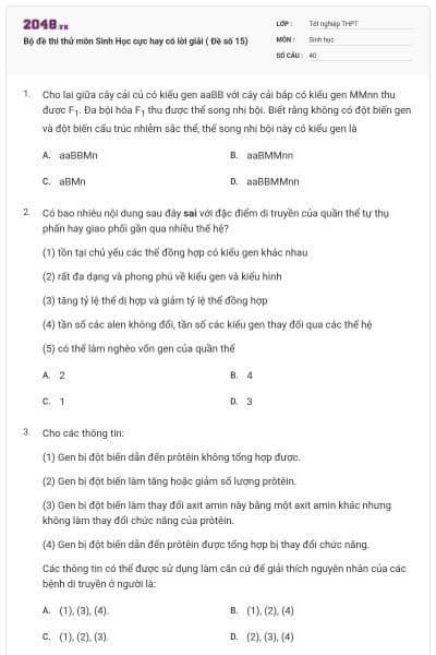 Bộ đề thi thử môn Sinh Học cực hay có lời giải ( Đề số 15)
