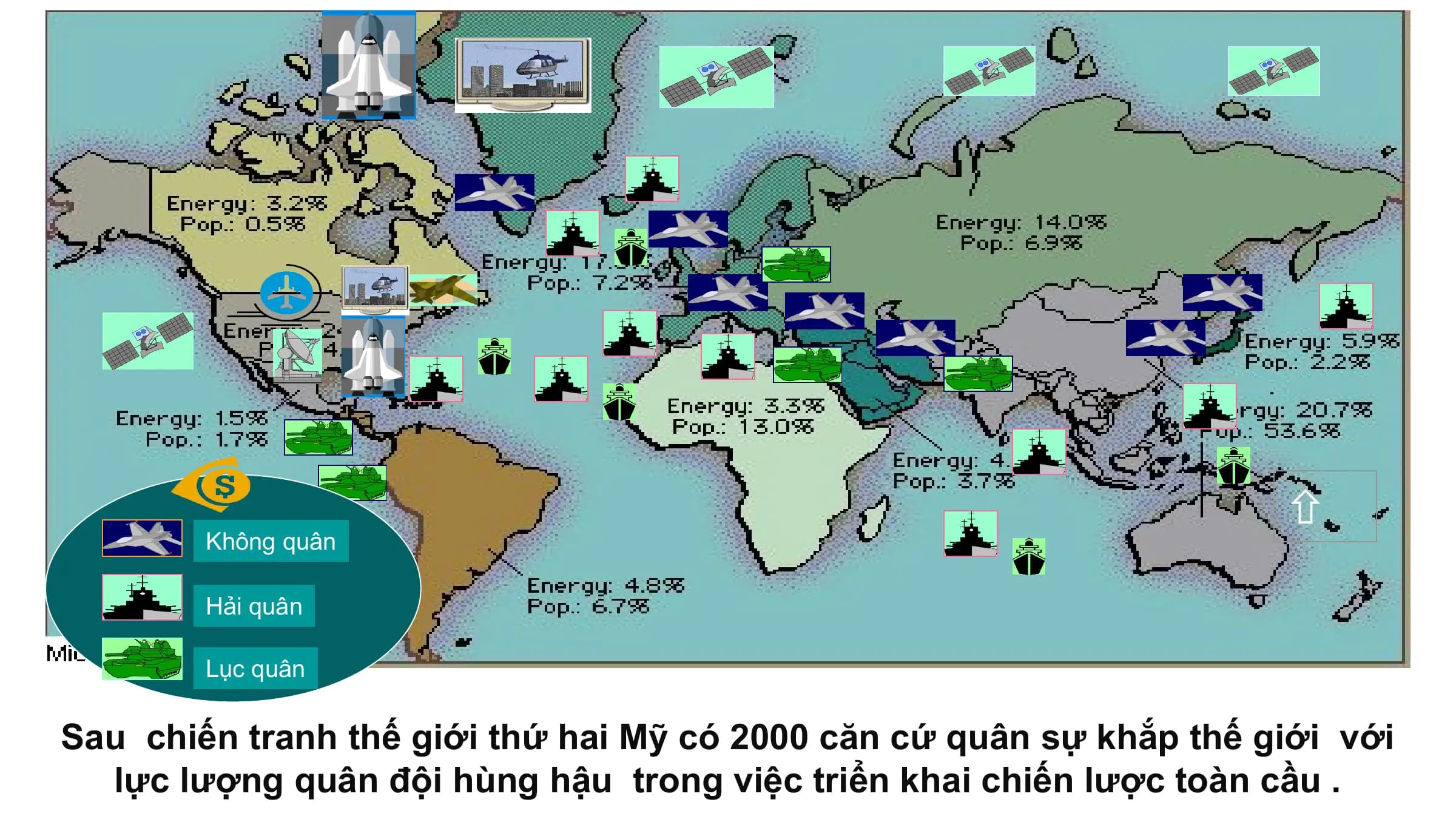 
 Không quân

 Hải quân

 Lục quân

Sau chiến tranh thế giới thứ hai Mỹ có 2000 căn cứ quân sự khắp thế giới với
 lực lượng quân đội hùng hậu trong việc triển khai chiến lược toàn cầu .