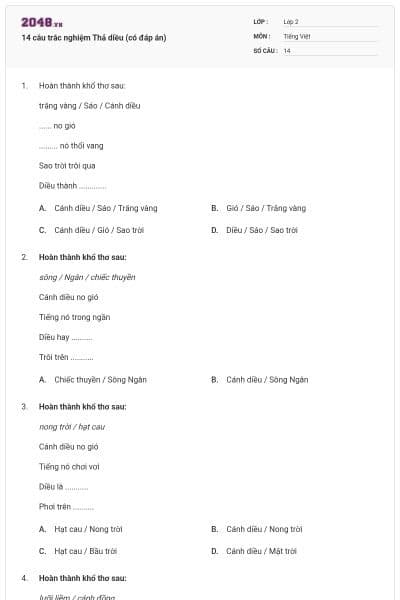 14 câu trắc nghiệm Thả diều (có đáp án)