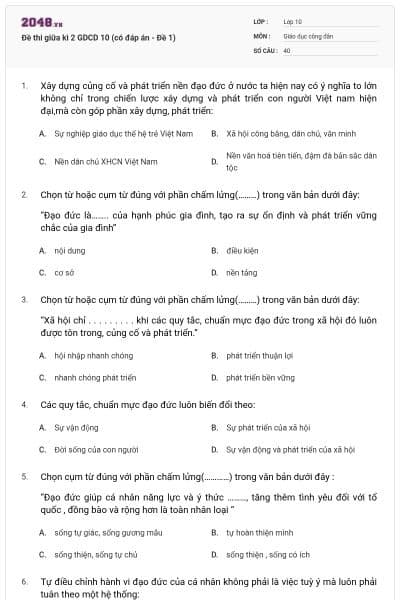 Đề thi giữa kì 2 GDCD 10 (có đáp án - Đề 1)
