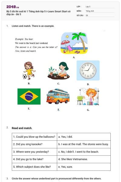 Bộ 5 đề thi cuối kì 1 Tiếng Anh lớp 5  i-Learn Smart Start có đáp án - Đề 5