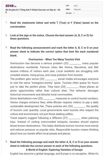 Đề thi giữa kì 2 Tiếng Anh 9 Global Success có đáp án - Đề 8