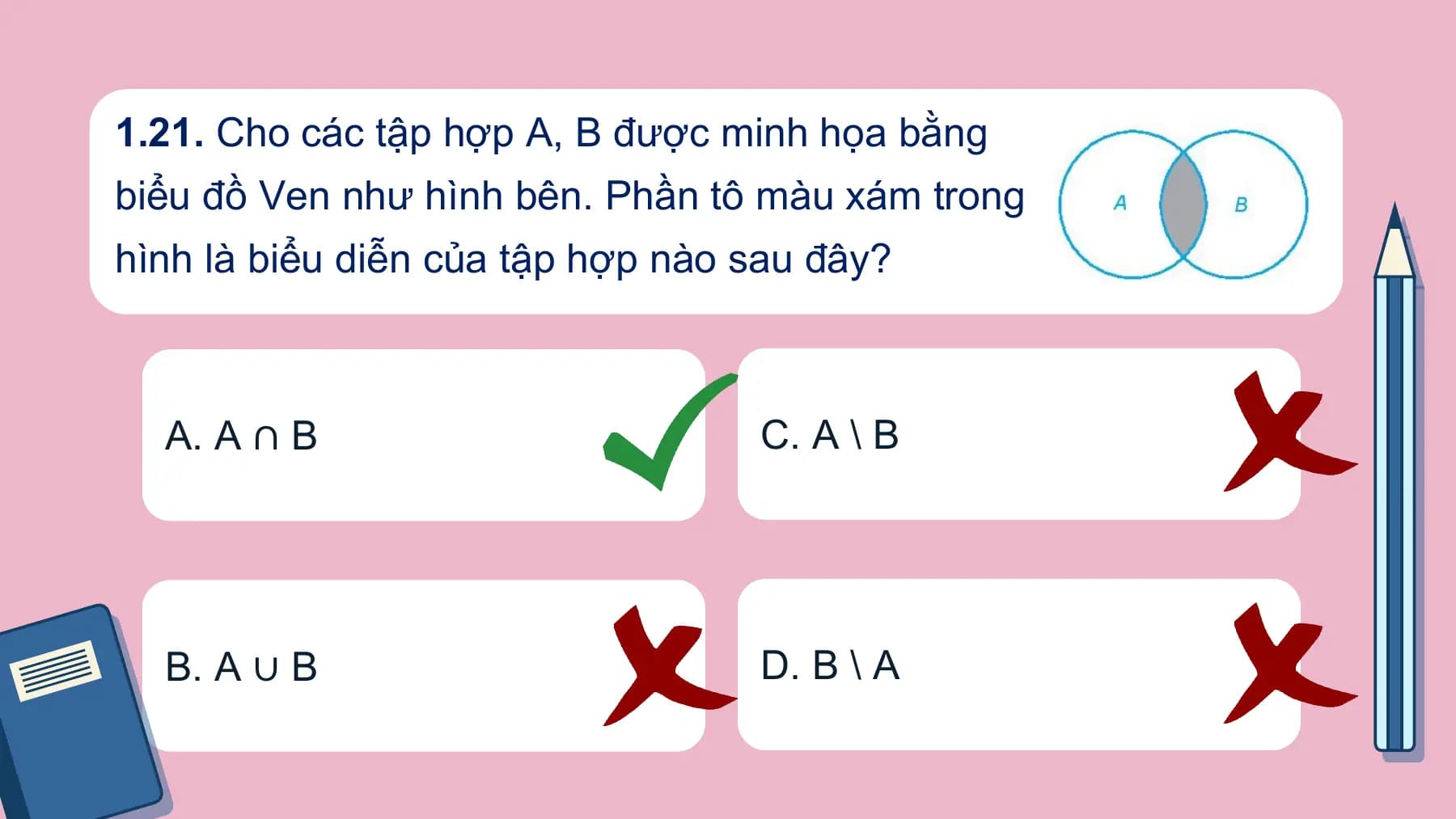 1.21. Cho các tập hợp A, B được minh họa bằng
biểu đồ Ven như hình bên. Phần tô màu xám trong
hình là biểu diễn của tập hợp nào sau đây?

 A. A ∩ B C. A \ B

 B. A ∪ B D. B \ A
