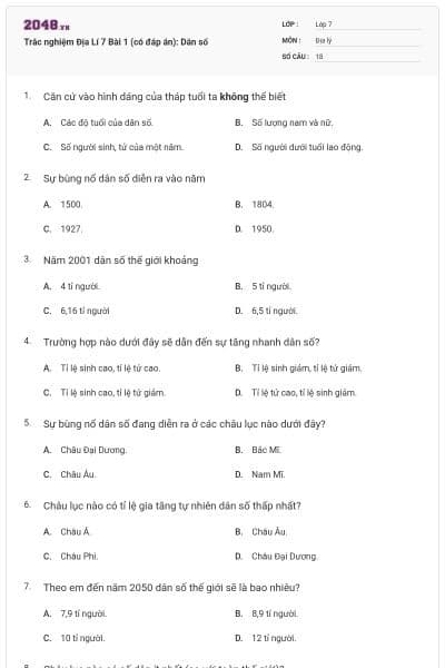 Trắc nghiệm Địa Lí 7 Bài 1 (có đáp án): Dân số