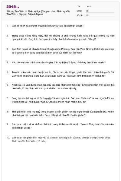 Bài tập Tản Viên từ Phán sự lục (Chuyện chức Phán sự đền Tản Viên – Nguyễn Dữ) có đáp án