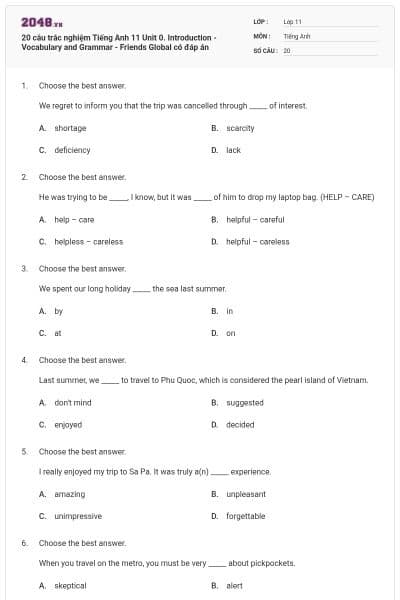 20 câu trắc nghiệm Tiếng Anh 11 Unit 0. Introduction - Vocabulary and Grammar - Friends Global có đáp án