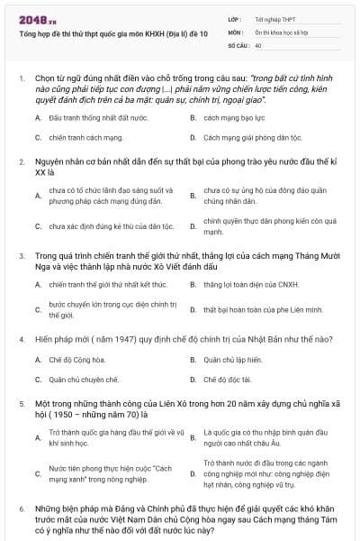 Tổng hợp đề thi thử thpt quốc gia môn KHXH (Địa lí) đề 10