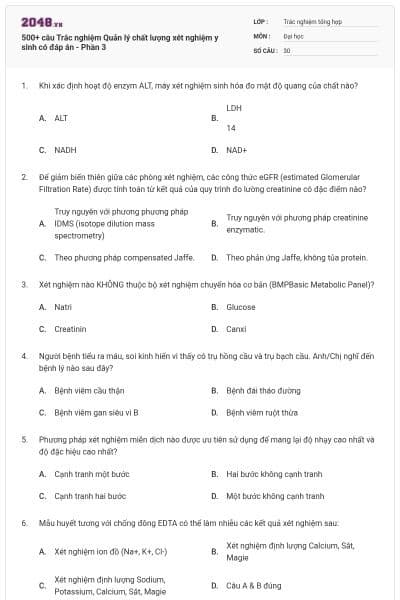 500+ câu Trắc nghiệm Quản lý chất lượng xét nghiệm y sinh có đáp án - Phần 3
