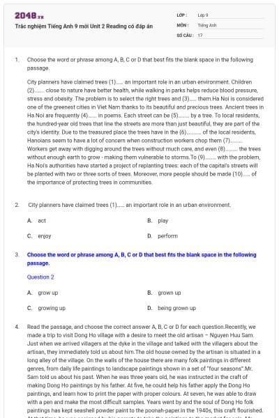 Trắc nghiệm Tiếng Anh 9 mới Unit 2 Reading có đáp án