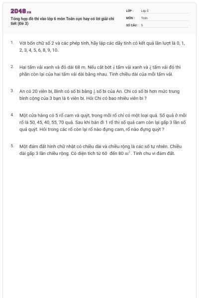 Tổng hợp đề thi vào lớp 6 môn Toán cực hay có lời giải chi tiết (Đề 3)