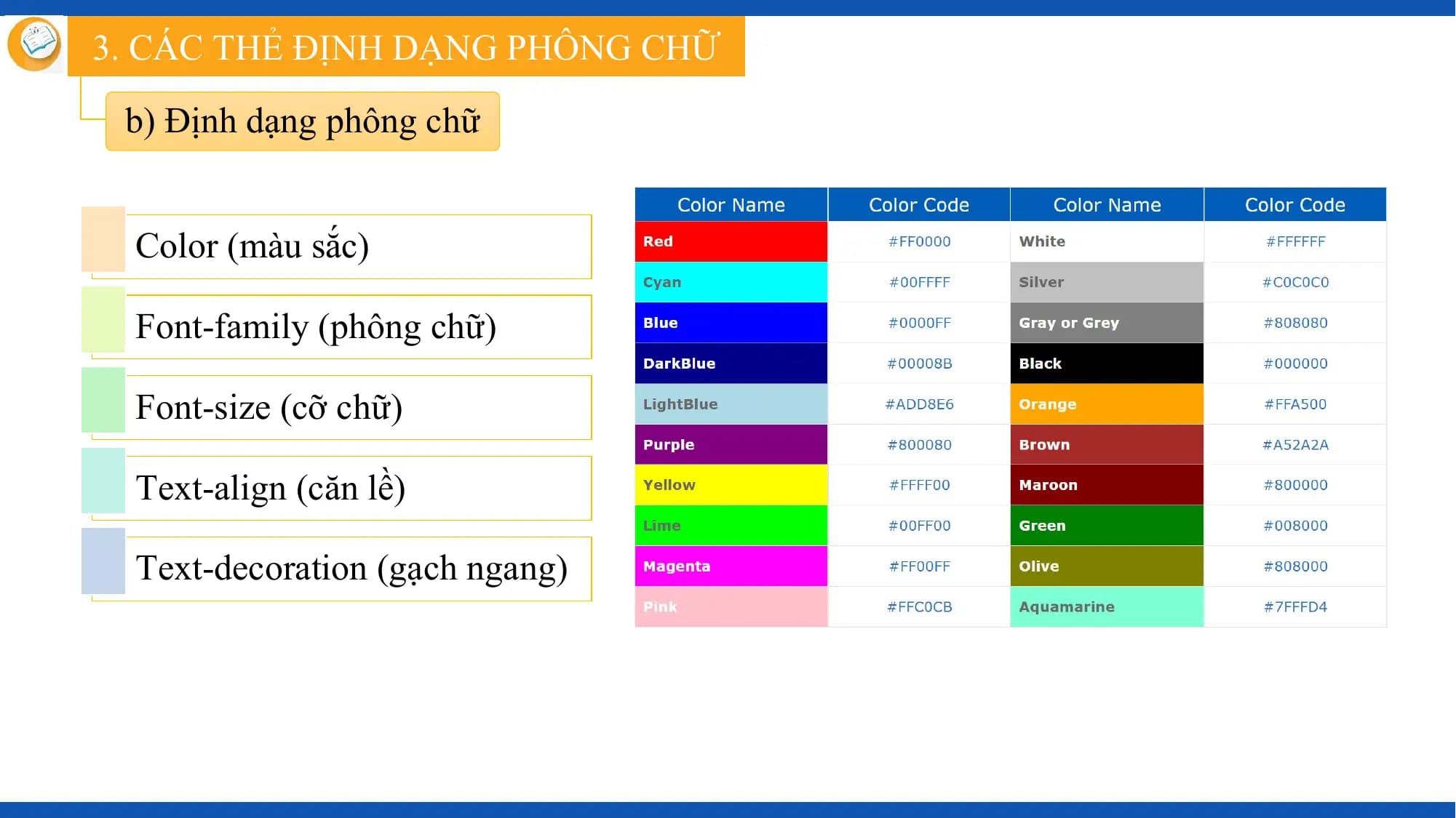 3. CÁC THẺ ĐỊNH DẠNG PHÔNG CHỮ

 b) Định dạng phông chữ

 Color (màu sắc)

 Font-family (phông chữ)

 Font-size (cỡ chữ)

 Text-align (căn lề)

 Text-decoration (gạch ngang)