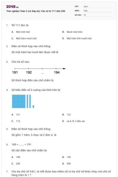 Trắc nghiệm Toán 2 (có đáp án): Các số từ 111 đến 200