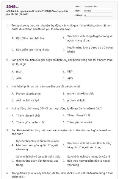 600 Bài trắc nghiệm từ đề thi thử THPTQG Sinh Học có lời giải chi tiết (Đề số 2)
