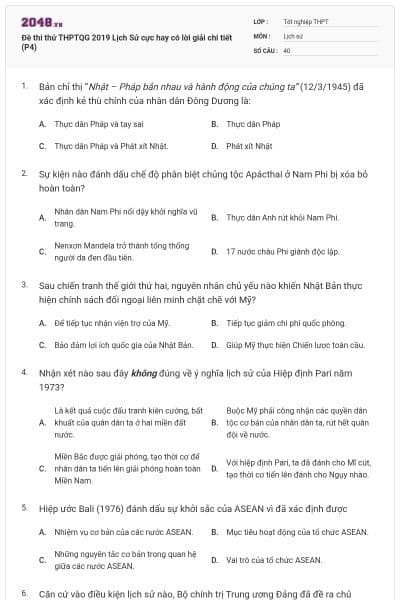 Đề thi thử THPTQG 2019 Lịch Sử cực hay có lời giải chi tiết (P4)