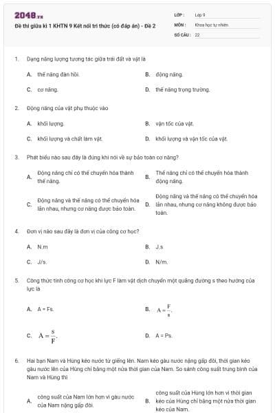 Đề thi giữa kì 1 KHTN 9 Kết nối tri thức (có đáp án) - Đề 2