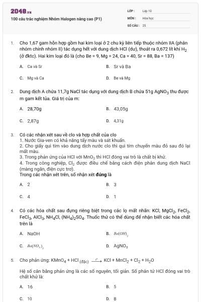 100 câu trắc nghiệm Nhóm Halogen nâng cao (P1)
