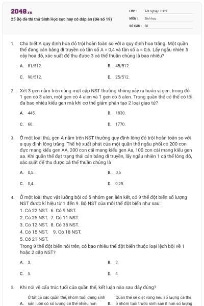 25 Bộ đề thi thử Sinh Học cực hay có đáp án (Đề số 19)